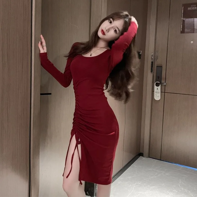 فساتين متوسطة الطول سوداء برقبة على شكل حرف U للنساء للنوادي الليلية، فستان جمالي مرن من قطعة واحدة كلاسيكي Kpop كاجوال للشباب بأكمام طويلة #2