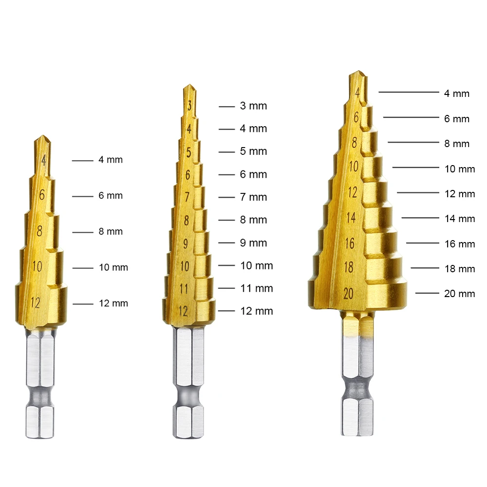 Sennan 3Pc 3-12Mm 4-12Mm 4-20Mm Hss Rechte Groef Stap Boor Bit Set Titanium Gecoat Hout Gat Frees Kern Boor Set