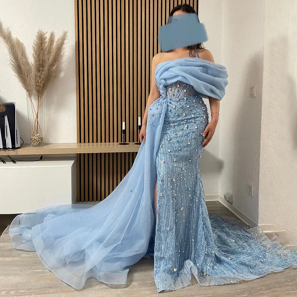 

Sharon Said One Shoulder Blue Mermaid Luxury Evening Dress with Side Overskirt Arabic Women Wedding Party Dress SS644 Customized