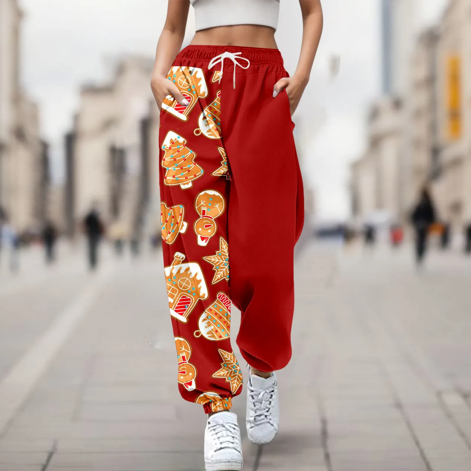 

Women's Christmas Trousers Printed Bottom Sweatpants Loose Pockets Strappy Drawstring High-Waisted Splicing Casual Pants Traf