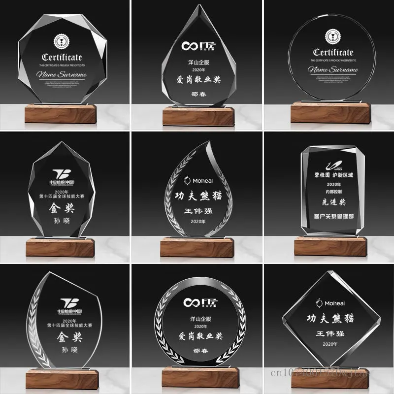 Creative Wooden Base Crystal Trophy Customized Lettering octagonal Company annual Meeting, Excellent Staff Medal, Souvenir Award