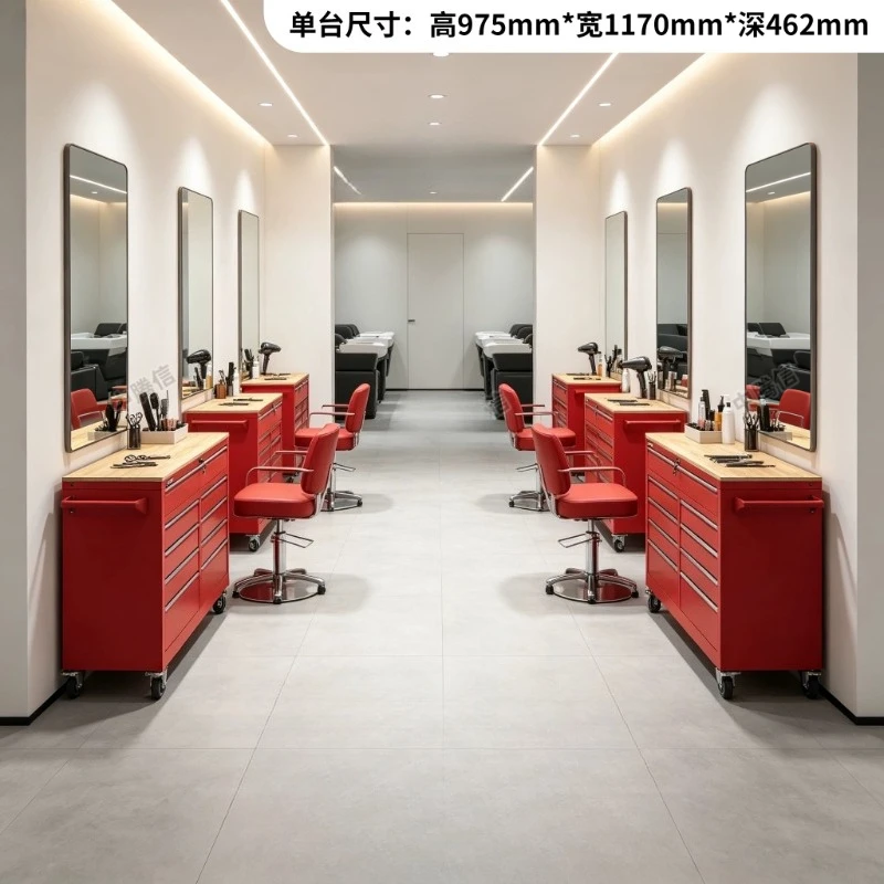 Men Barber Shop Mirror Table Tool Cabinet Trolley Hair Salon Storage Locker for Stylist Equipment Organization Cart