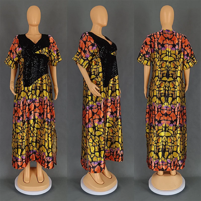 فستان قفطان فضفاض مطبوع بالترتر المخملي في الشرق الأوسط على الطراز الأفريقي العرقي من الساتان الكريستالي
