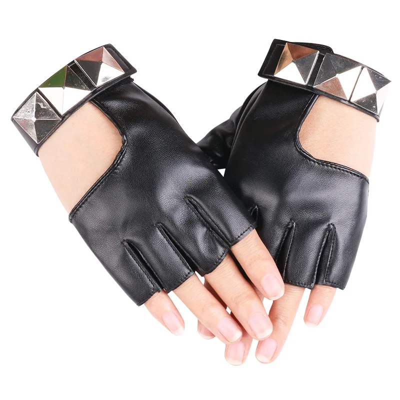

Black Punk Rivet Short PU Leather Half-Finger Gloves Women Hip-Hop Driving Motorcycle Party Cool Girl Handsome Fingerless Mitten