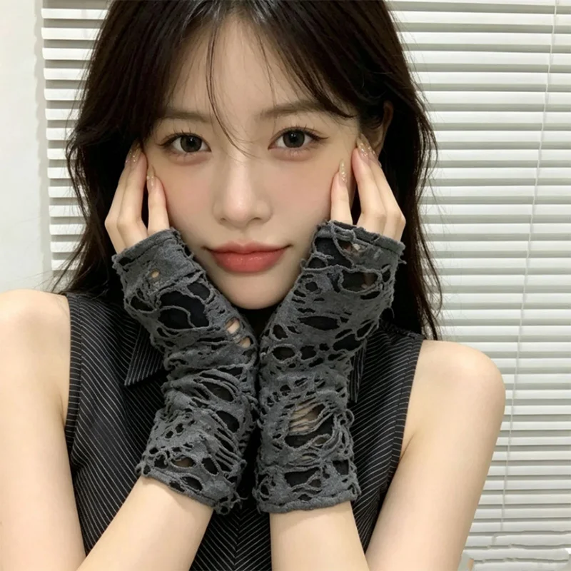 1pair Fashionable Simple Gothic Fingerless Gloves Unisex Tear Design Stretchy for Party Preparation and Durable