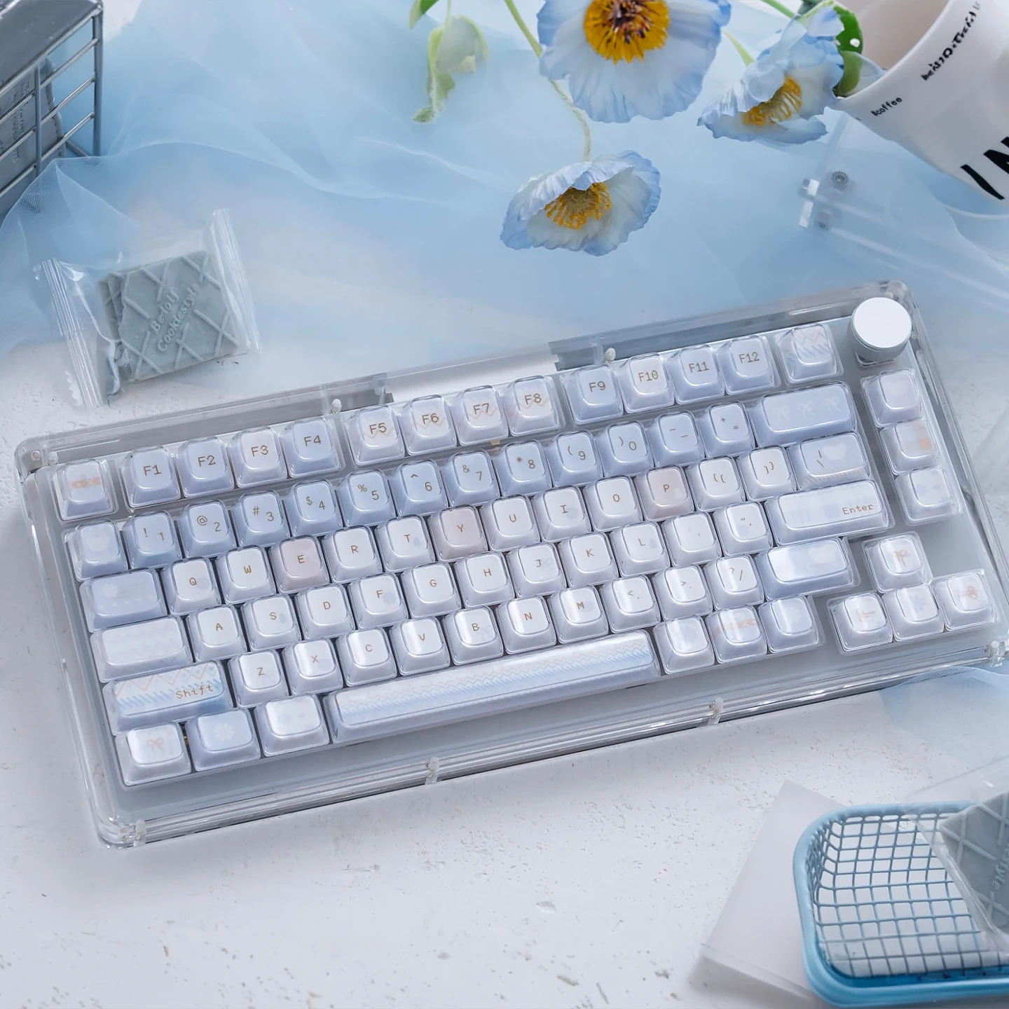 URE Winter Letter Keycaps Dye-Sub KDA Profile PBT+PC Keycaps Blue Crystal Jelly Keycaps For MX Cherry Mechanical Keyboard Kit