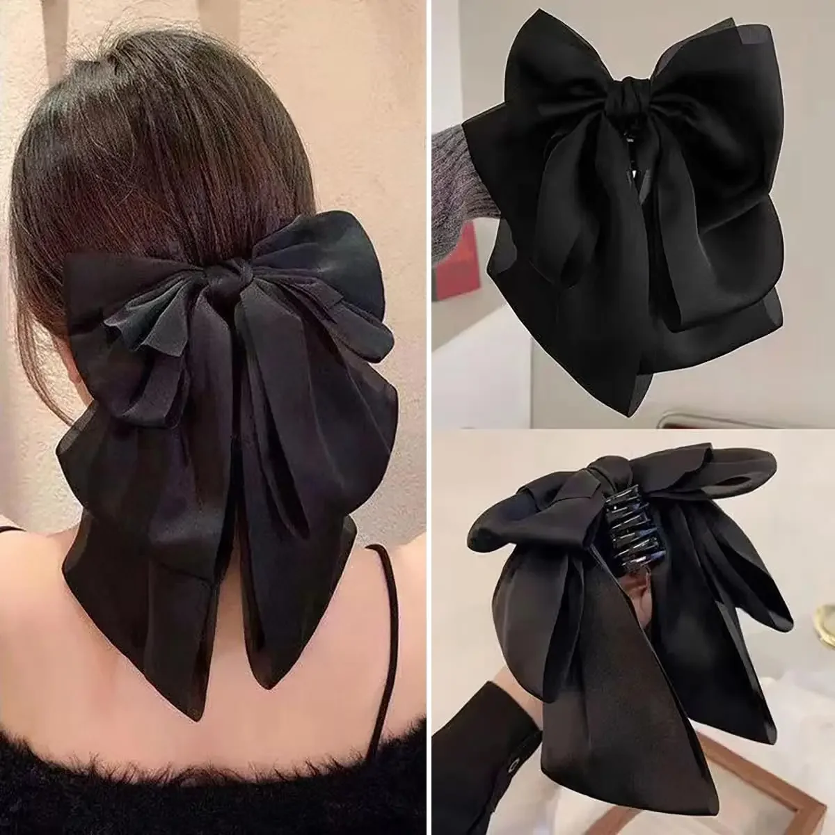 

Black Oversized Satin Bow Hair Claw Clips French Gentle Temperament Hairpin Hair Scrunchies for Hair Decoration Accessories