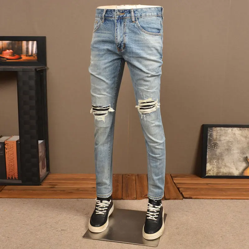 Streetwear Fashion Men Jeans Retro Light Blue Stretch Slim Fit Ripped Jeans Men Hole Patched Designer Hip Hop Denim Pants Hombre