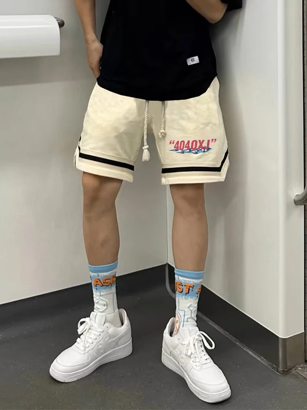 

American High Street Casual Print Loose Peach ort Pants Men's Summer Baskeall Sport Five-Point Trousers Straight Leg Elas...