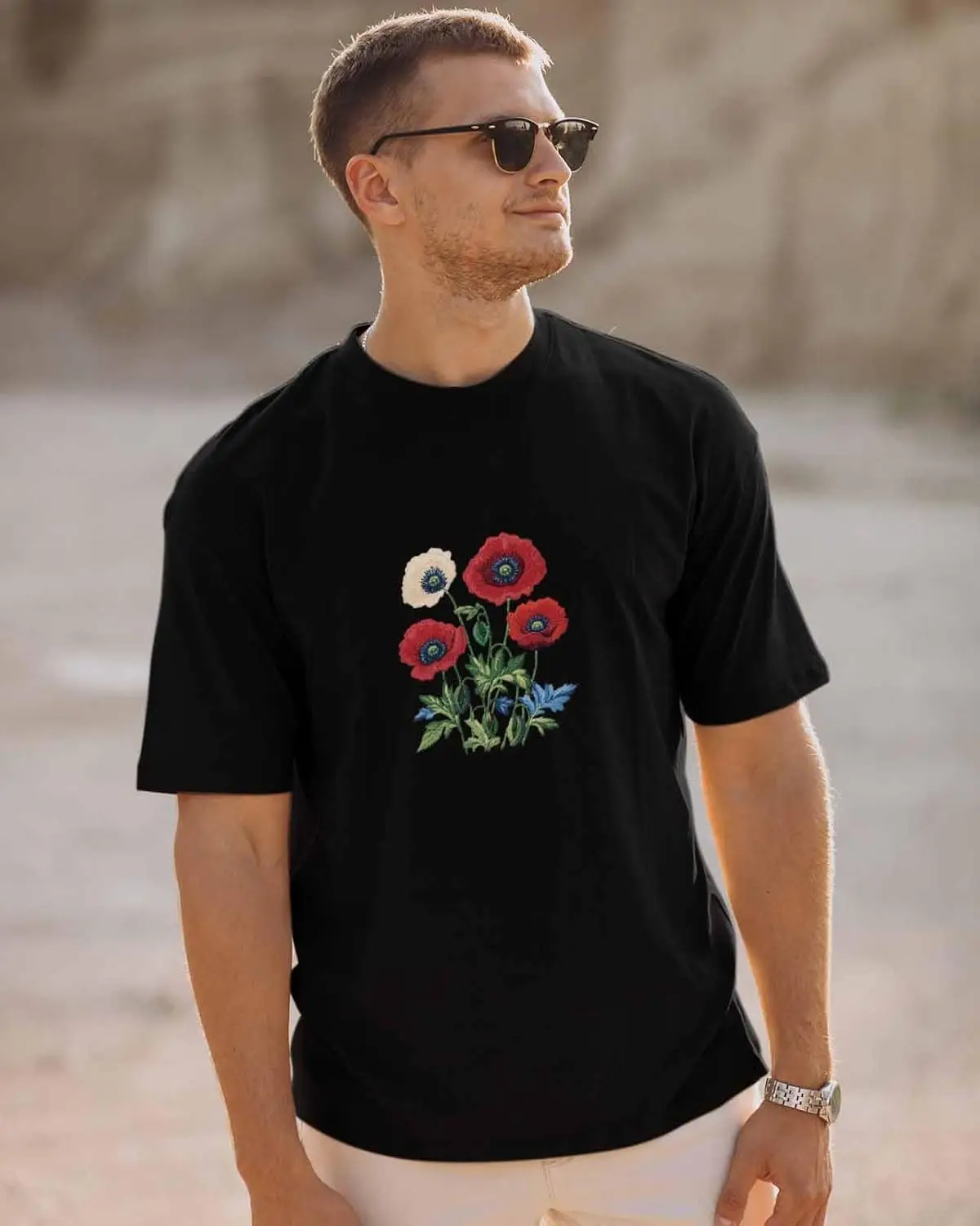 Men's T-Shirt, Novelty Graphic T-Shirt Beautiful Poppy Embroidery Flower Cotton Crew Neck Men's Short