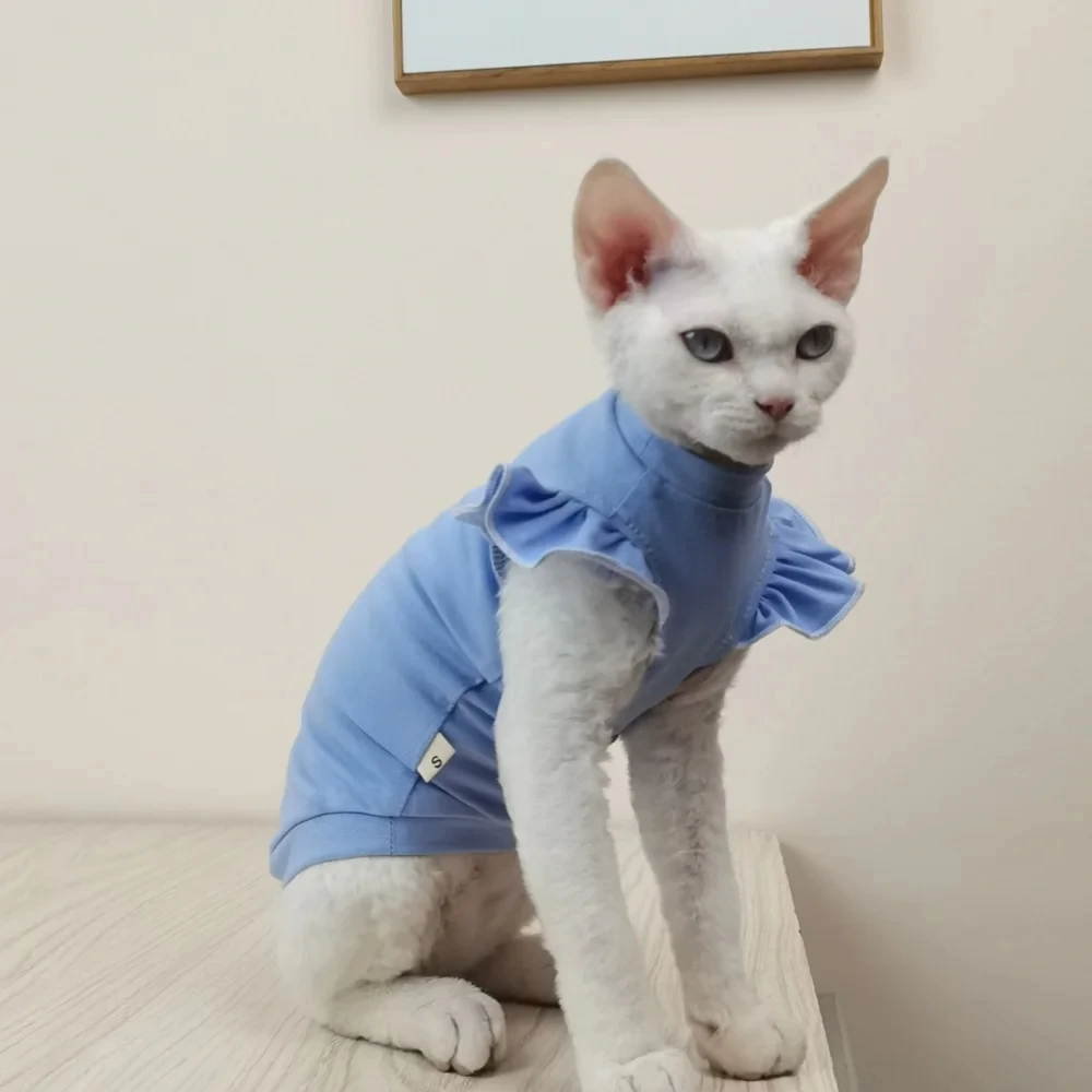 Sphynx Cat Clothes Adjustable Cotton Vest & Soft Pink Pajamas - Spring-Summer Blue Dress for Hairless Kittens