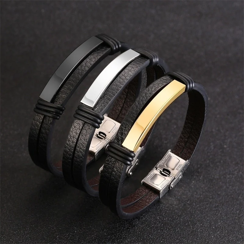 Vnox Mens Black Leather Bracelets Personalized Engraving Customize Info pulsera masculina 8.07\