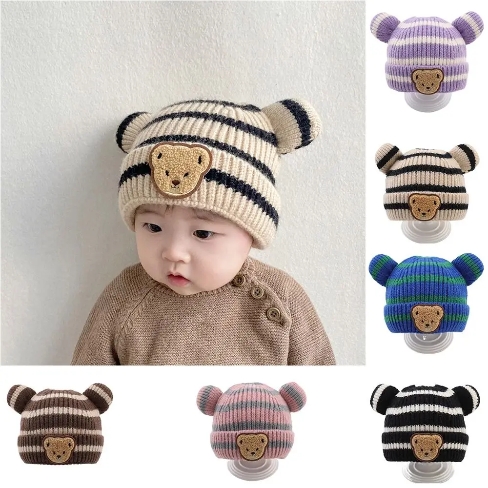 Korean Style Cartoon Bear Knitted Hat Solid Color Wool Baby Beanie Cap Thermal Hat Skullies Kids Crochet Hats Newborn