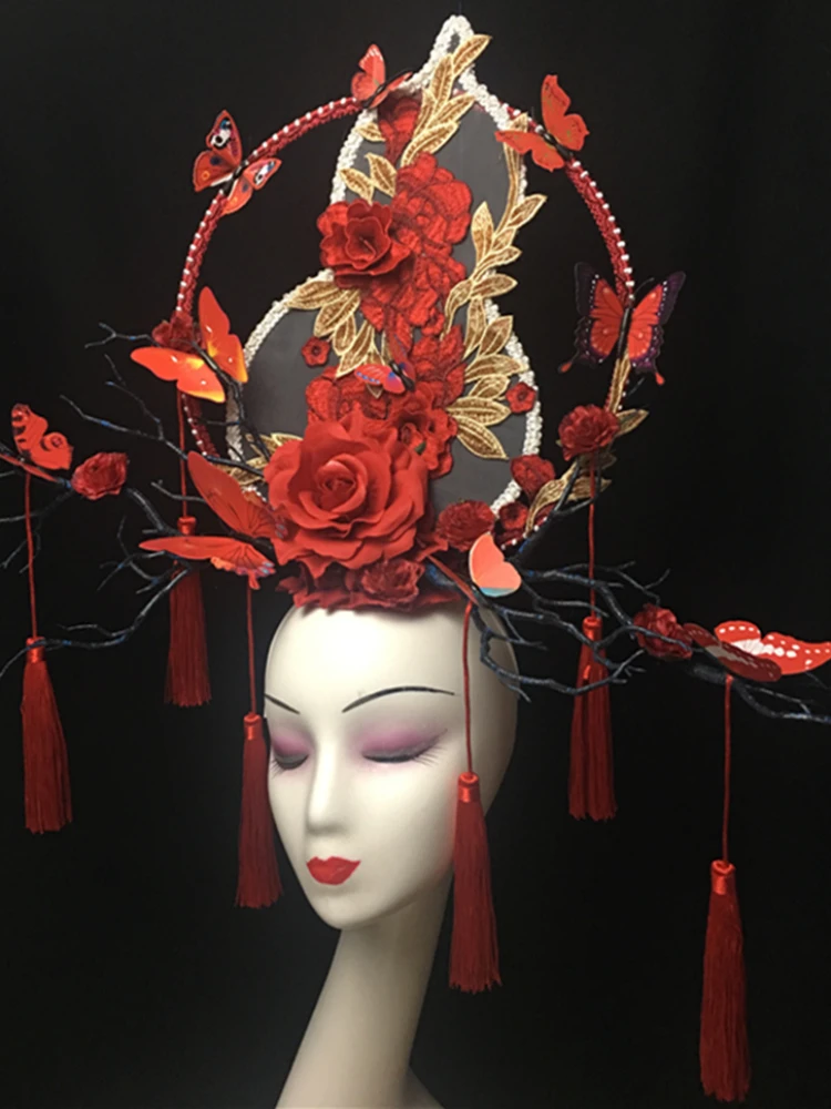 Headdress ChineseStyleRetro Colorful Flower Branch Decoration Lace Women's Creative Makeup Makeup Competition Tassel Accessories