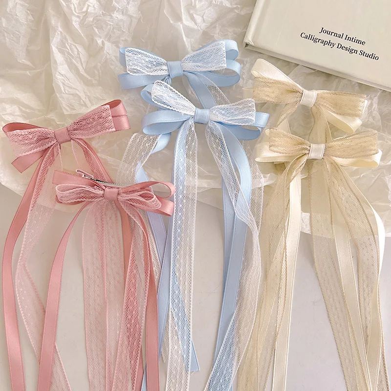 الحلو الأطفال Bowknot دبابيس الشعر الأميرة فتاة شرابات طويلة أغطية الرأس الوردي الأزرق الدانتيل المشابك الجنية الاطفال مقاطع الشعر اكسسوارات