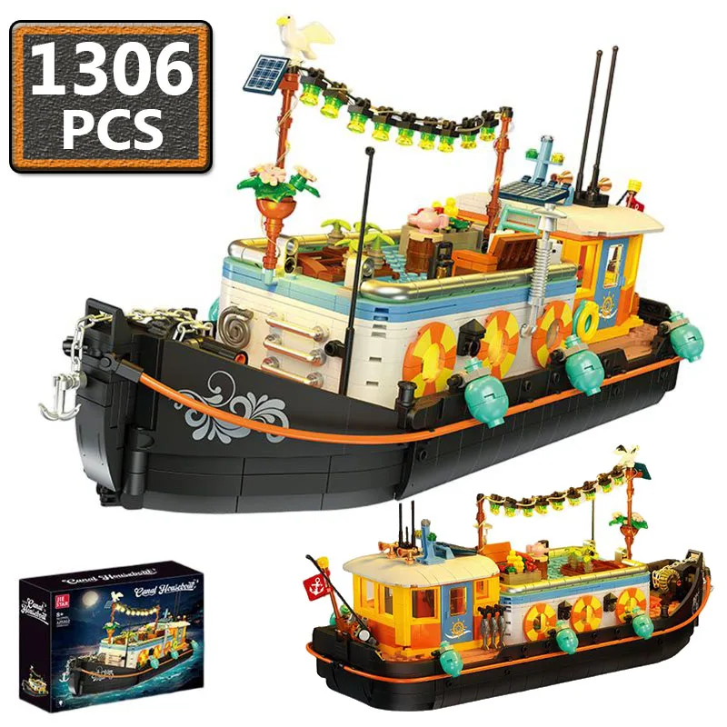

Fishing Expert Ship Fisherman Shipbuilding Building Block LED Canal Boat House Boat Model Boy Assembling Educational Toys Gifts