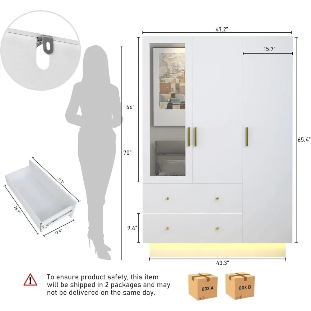 3 Door Wardrobe Closet with Mirror & LED Lights, Bedroom Armoire with Drawers & Shelves