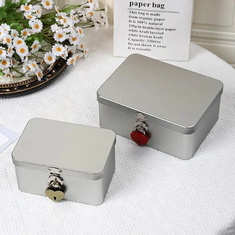 Silver Lockable Tin Storage Box Multifunctional Desktop Storage