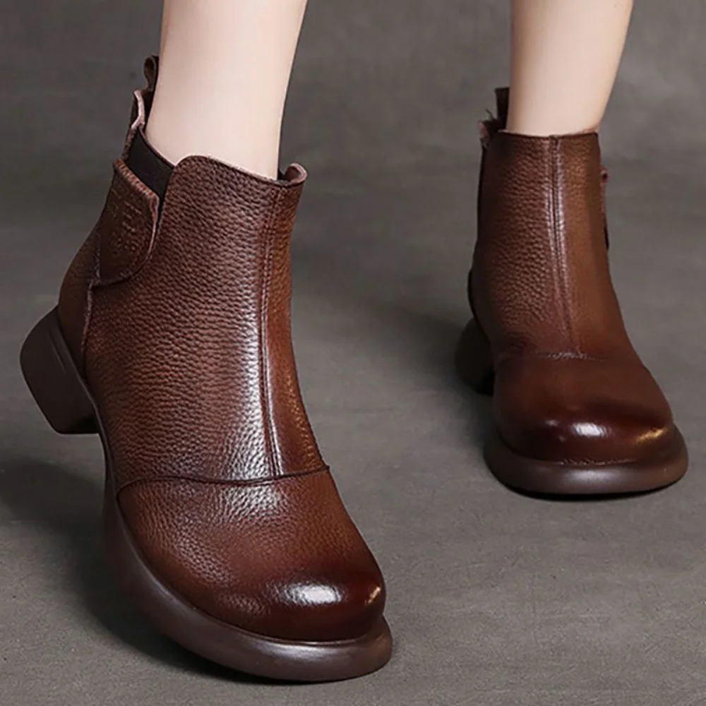 3cm Genuine Leather Women Chelsea Chimney Ankle Mid Calf Boots Spring Autumn Fashion Flats British Style Soft Comfy Shoes