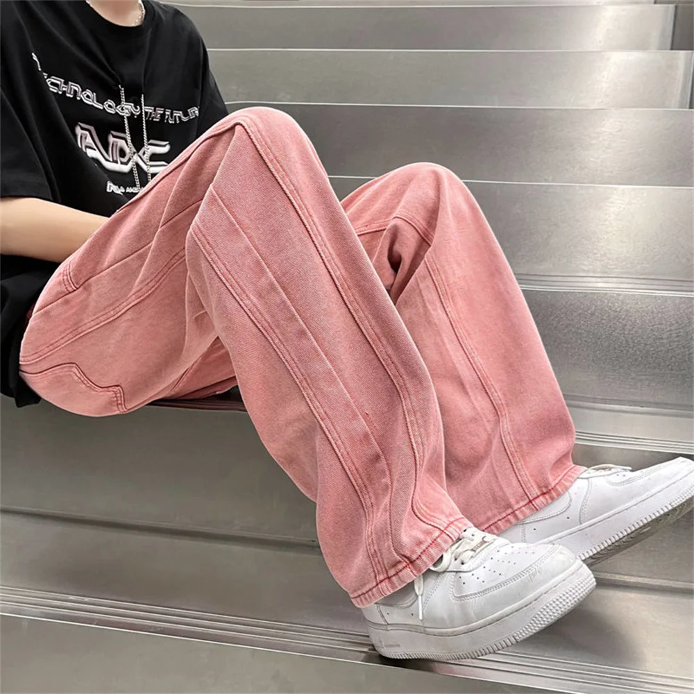 2025 Men's Work Baggy Homme Casual Pants Classic Style Jeans Pink/blue Black Loose Straight Pants Biker Denim Trousers M-2XL