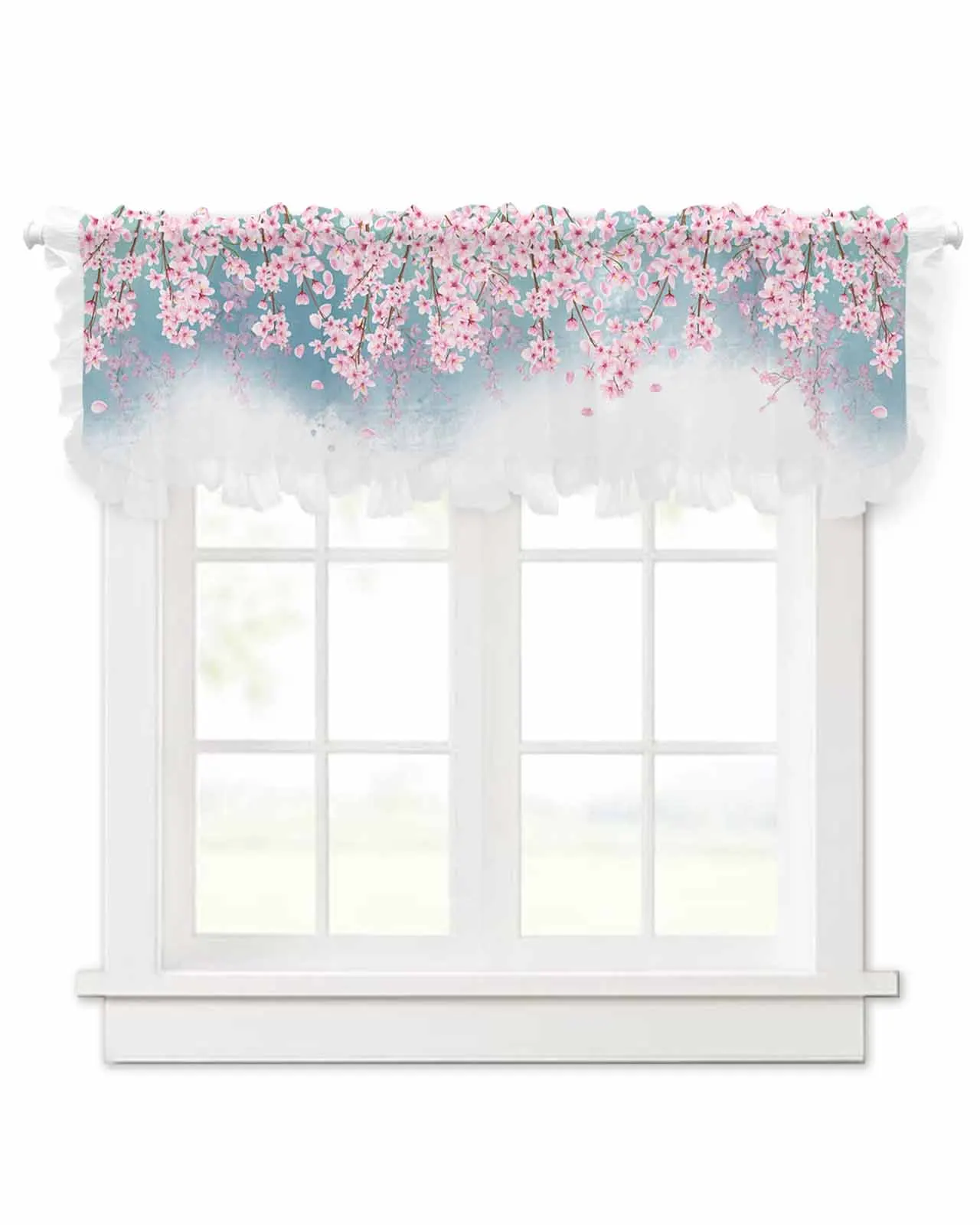 Peach Blossom Watercolor Flower Short Tulle Half Curtains for Living Room Kitchen Door Cafe Window Sheer Valance Drapes