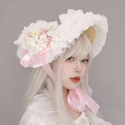Lace Flower Ribbon Straw Hat Lolita Cosplay Hat Bonnet French Hat for Beach Vacation
