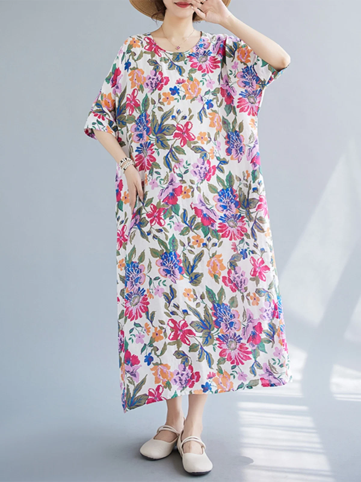 

Летнее свободное платье больших размеров из хлопка и льна с круглым принтом Ne ort Sve длиной до колена для похудения с цветочным принтом Dr Thin Model Dr