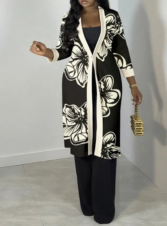 

Women's Jacket 2025 Spring Autumn Contrast Paneled Floral Print Three Quarters Sleeve Longline Coat Casual Loose Fit Cardigan