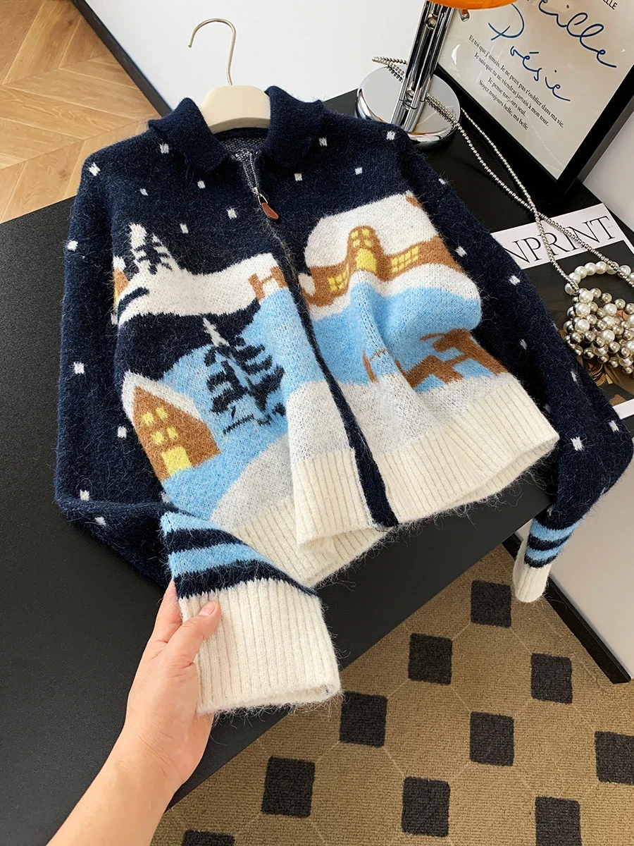 

Retro Heavy Work Zipper Lapel Design Cardigan All Match Women's Knitted Sweater Coat Chic Autumn Winter Faion