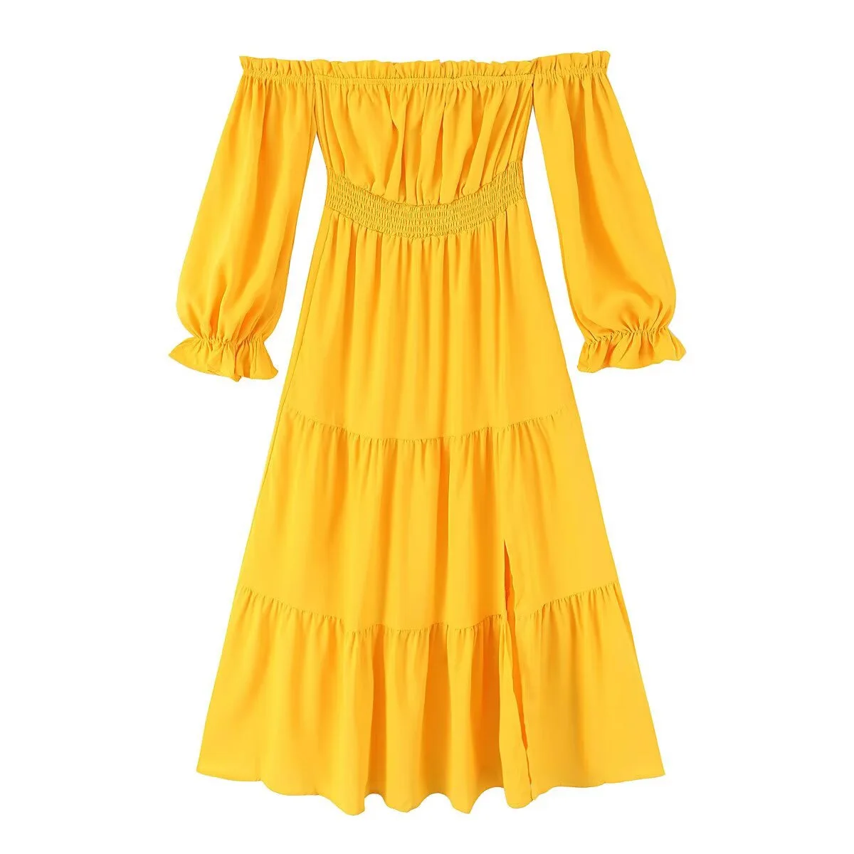 

Женское весеннее платье KIDCRKJ с открытыми плечами, желтое, с рюшами, плиссированное, с завышенной талией, макси-платье, элегантное вечернее платье для женщин