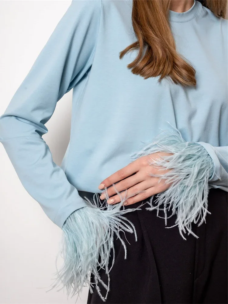 

Women Chic Solid Feather Cuff Trim Tops Fashion Long Sleeve Crew Neck Round Collar Top Casual 2026 Daily Commuting Street Shirts