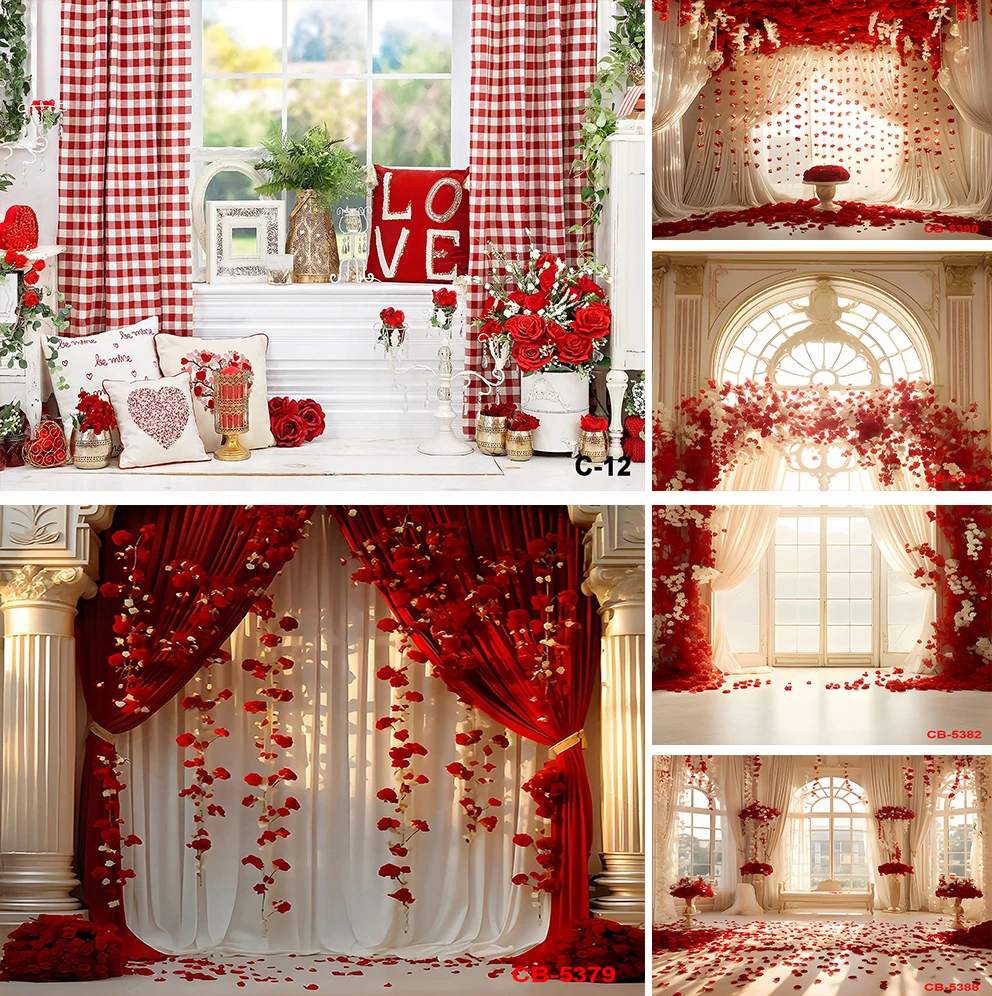 

Valentine's Day Backdrop Red Rose Arch Palace Window Curtain Photo Background Vintage Romantic Couple Backdrop Anniversary Party