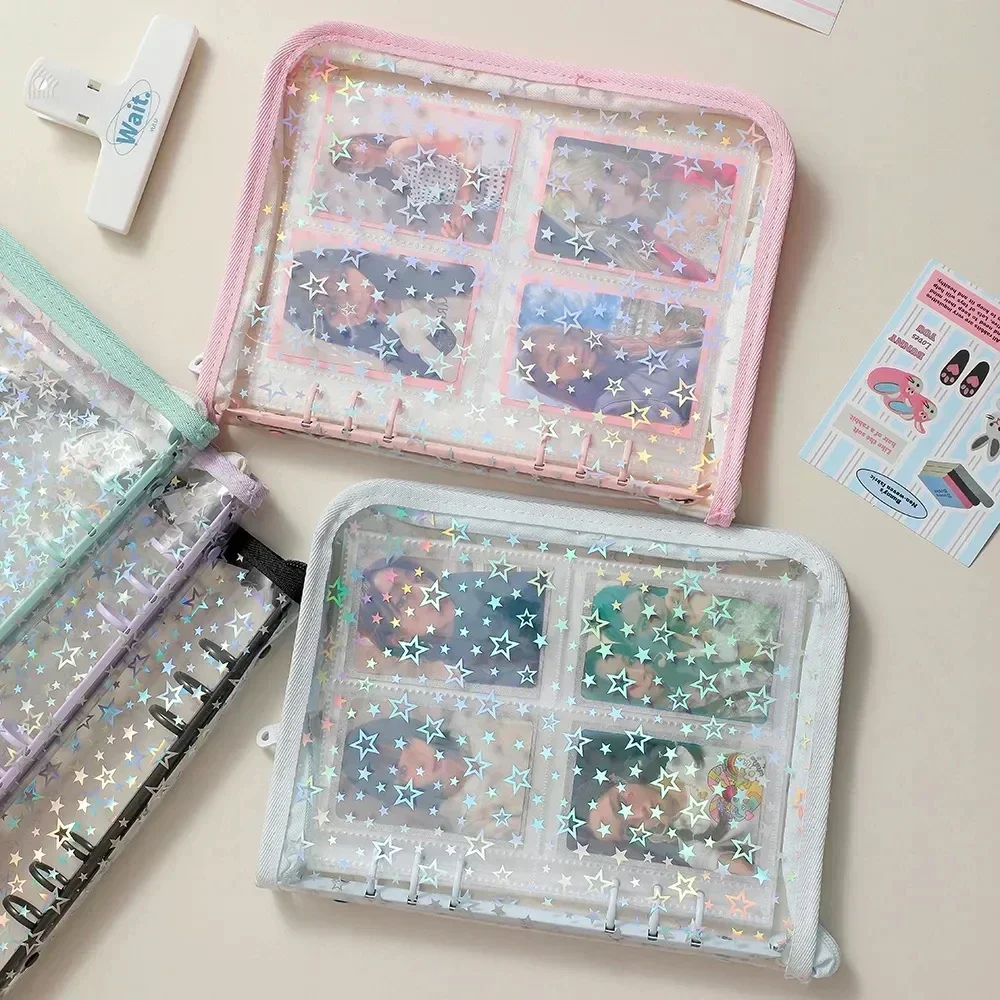 A5 Laser Star Zipper Binder Collect Book Refill Organizer DIY Journal Dairy Transparent Kpop Idol Photo Album Kawaii Stationery