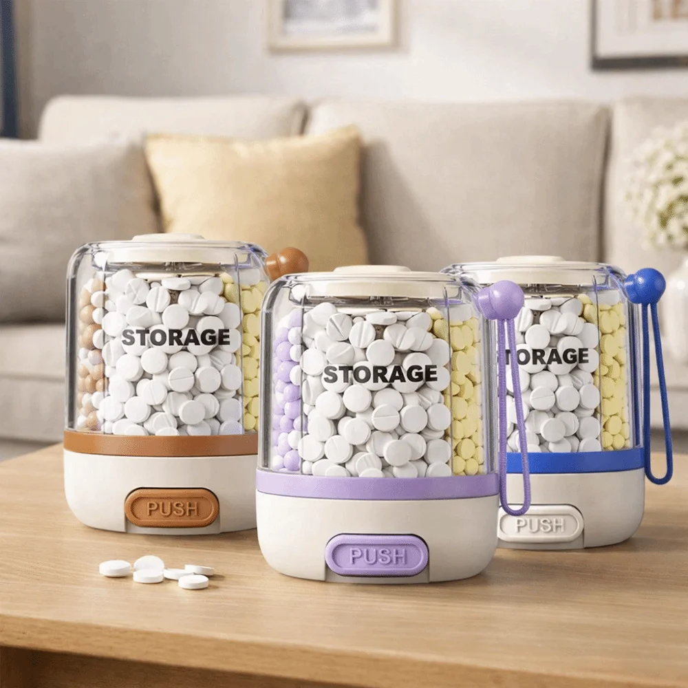 Press Type 4 Grids Pill Organizer Rotating Anti-Mixing Medicine Storage Container Large Capacity Round Daily Pill Dispenser