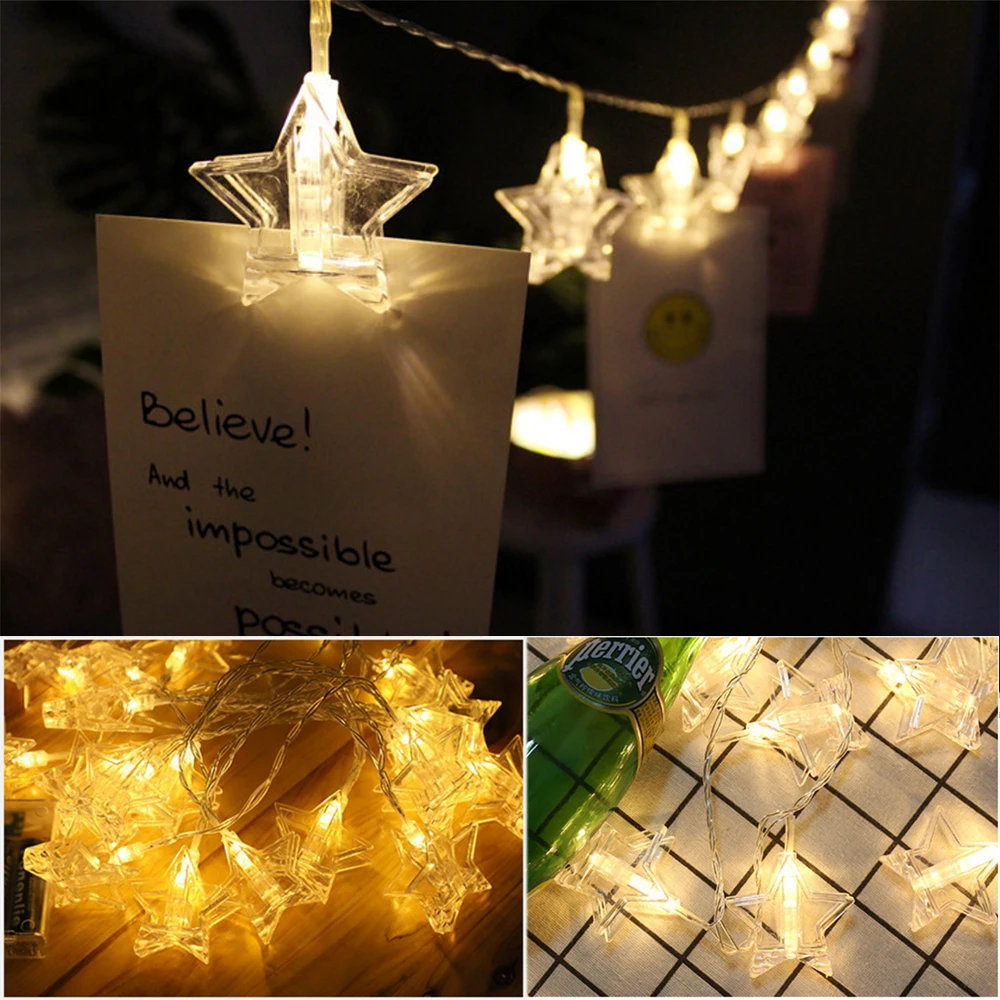 3M 10M LED Star Photo Clip Fata String Light USB Alimentato a batteria Bianco caldo 10 20 40 80 LED / m Decorazione della stanza della festa di Natale