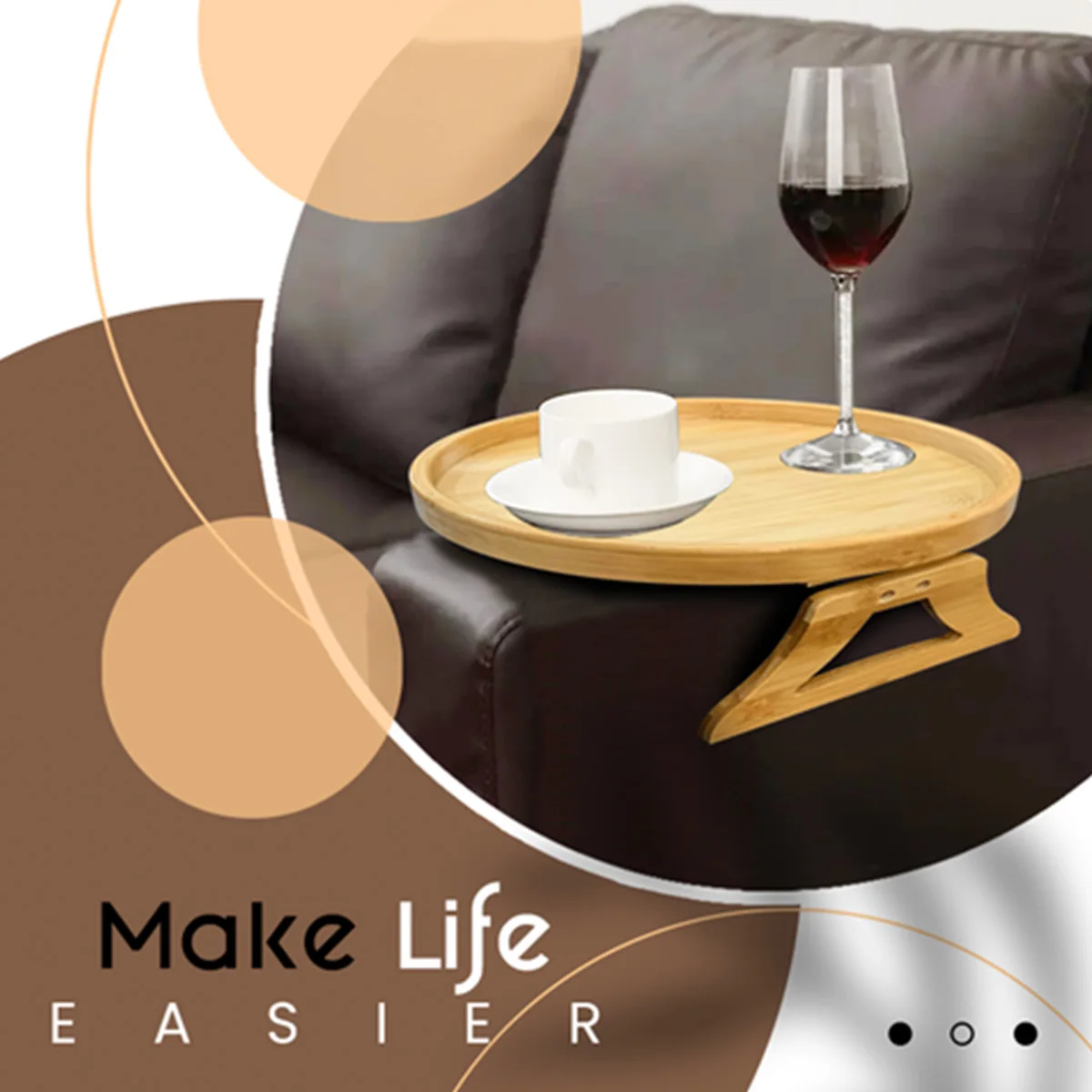 Natural Pine Wood Sofa Side Tables Round Portable and Foldable Sofa Armrest Clip-On Tray Waterproof Sofa Couch Arm Rest Organize