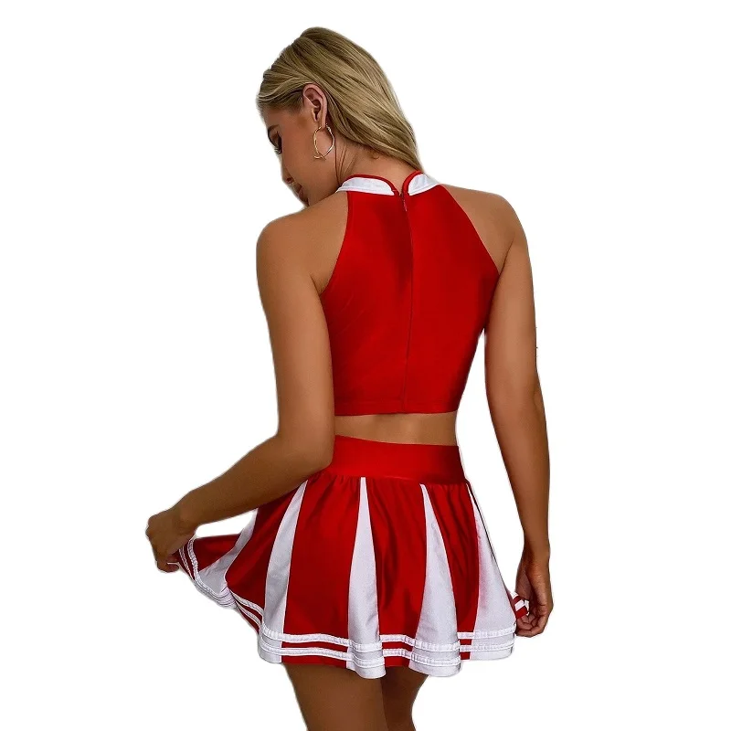 Cheerleader Uniform Women Adults  Performance Outfit Japanese Schoolgirl Cosplay Costume Sleeveless Crop Top Mini Pleated Skirt