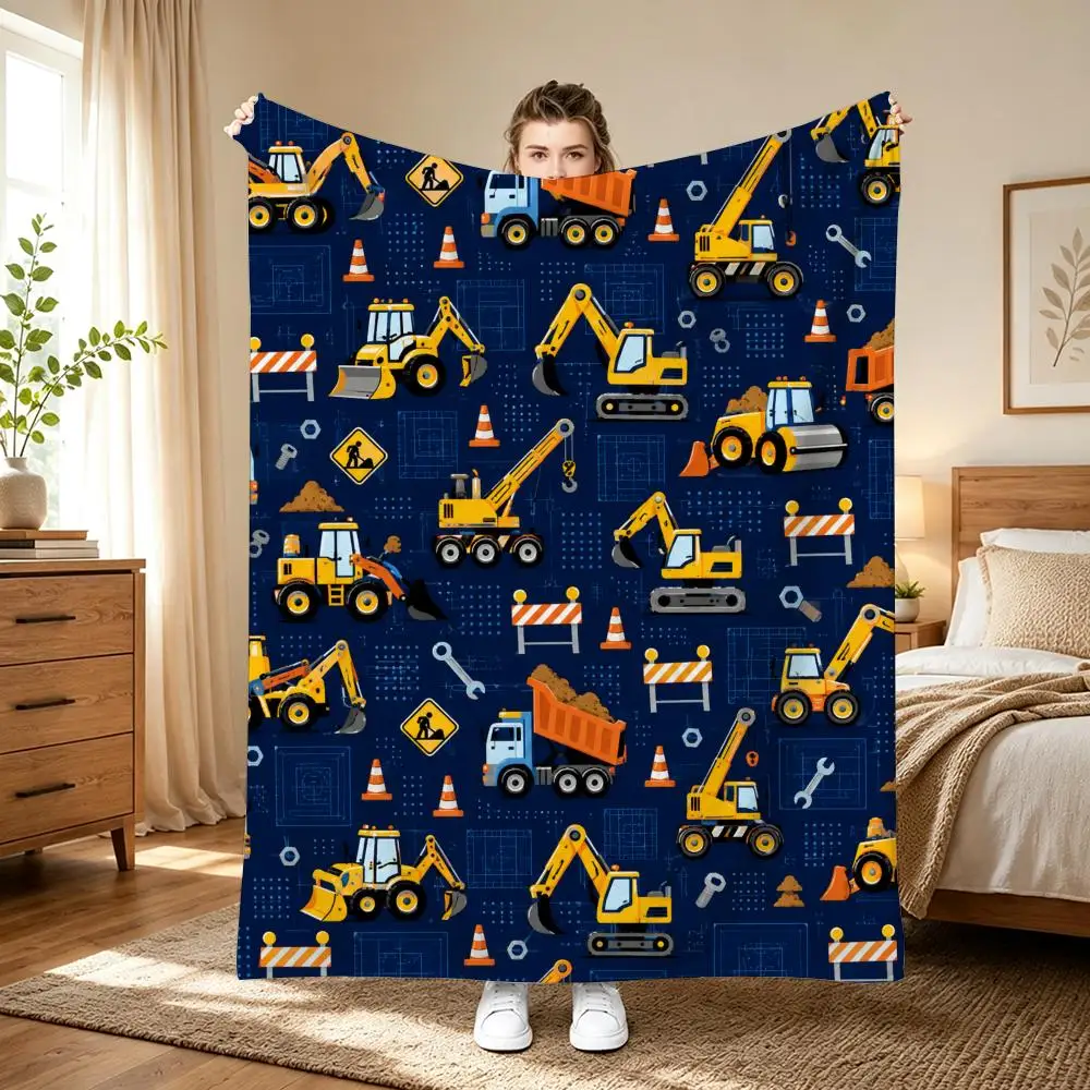 Construction Vehicles Kids Cartoon Throw Lightweight 240g Flannel Blanket Soft Skin-friendly for Summer Cooling