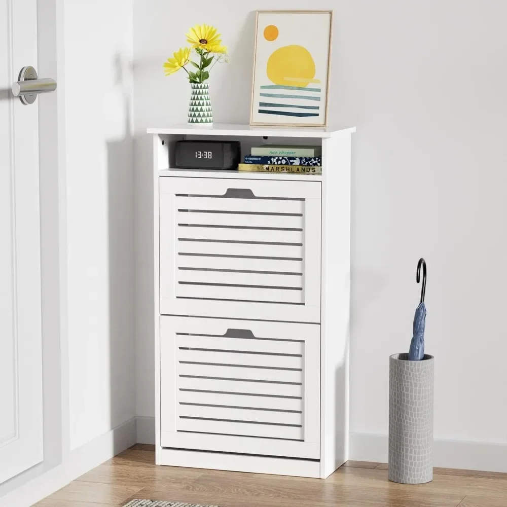 Shoe Storage Cabinet with 2 Flip Drawers & Top Cubby, Shoe Cabinet , Narrow Shoe Organizer for Entryway, Hallway, Bedroom