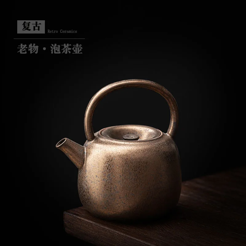 Japanese-style black gold rough pottery ring handle teapot large teapot household ceramic single pot with filter kung fu teapot