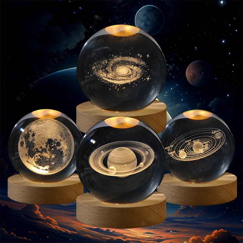 Unique 3D Crystal Ball Night Light Led Lamp Bedside Table Glowing Galaxy Lamp Saturn Planets Moon Children Birthday Gift Toy 5cm