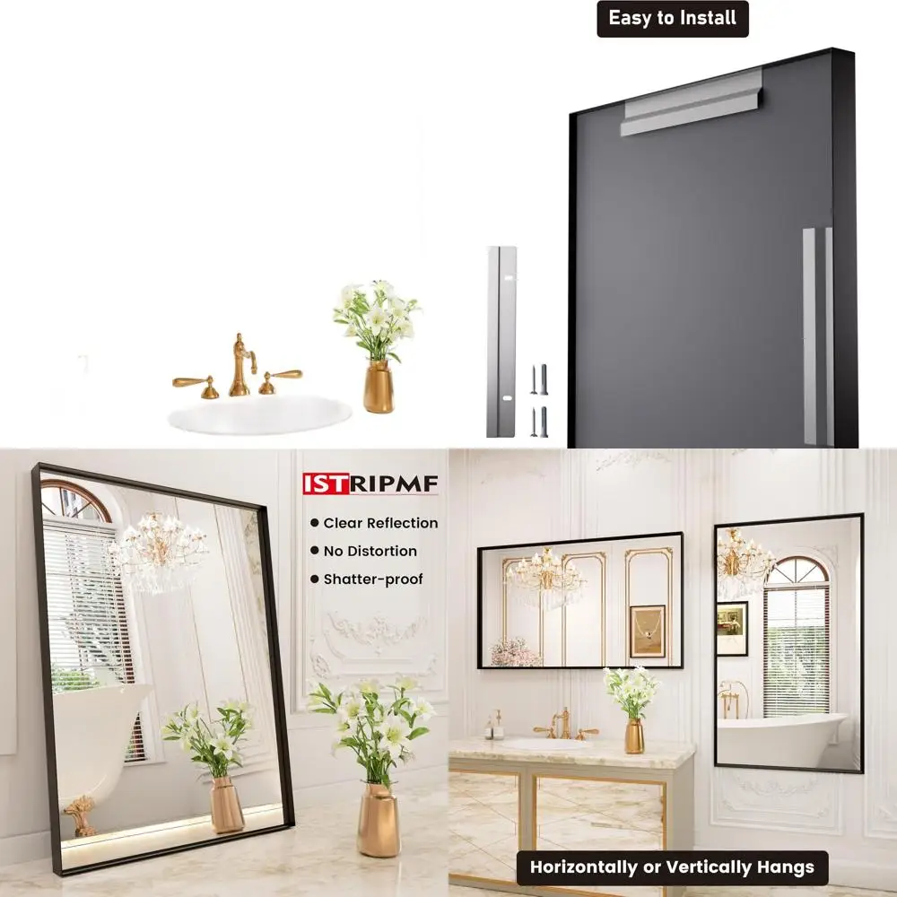 

30x50 Inch Square Black Vanity Mirror with Tempered Glass for Bathroom, Bedroom, and Entryway