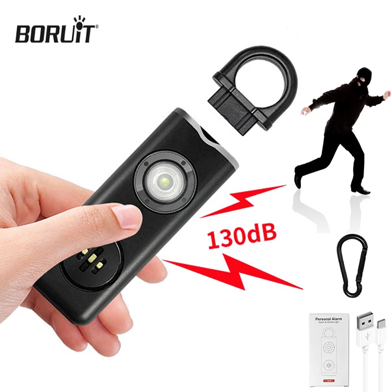 

BORUiT Self Defense Mini LED Flashlight USB Rechargeable Torch Safety Noise Alarm Protective Emergency Tool Keychain Hand Light