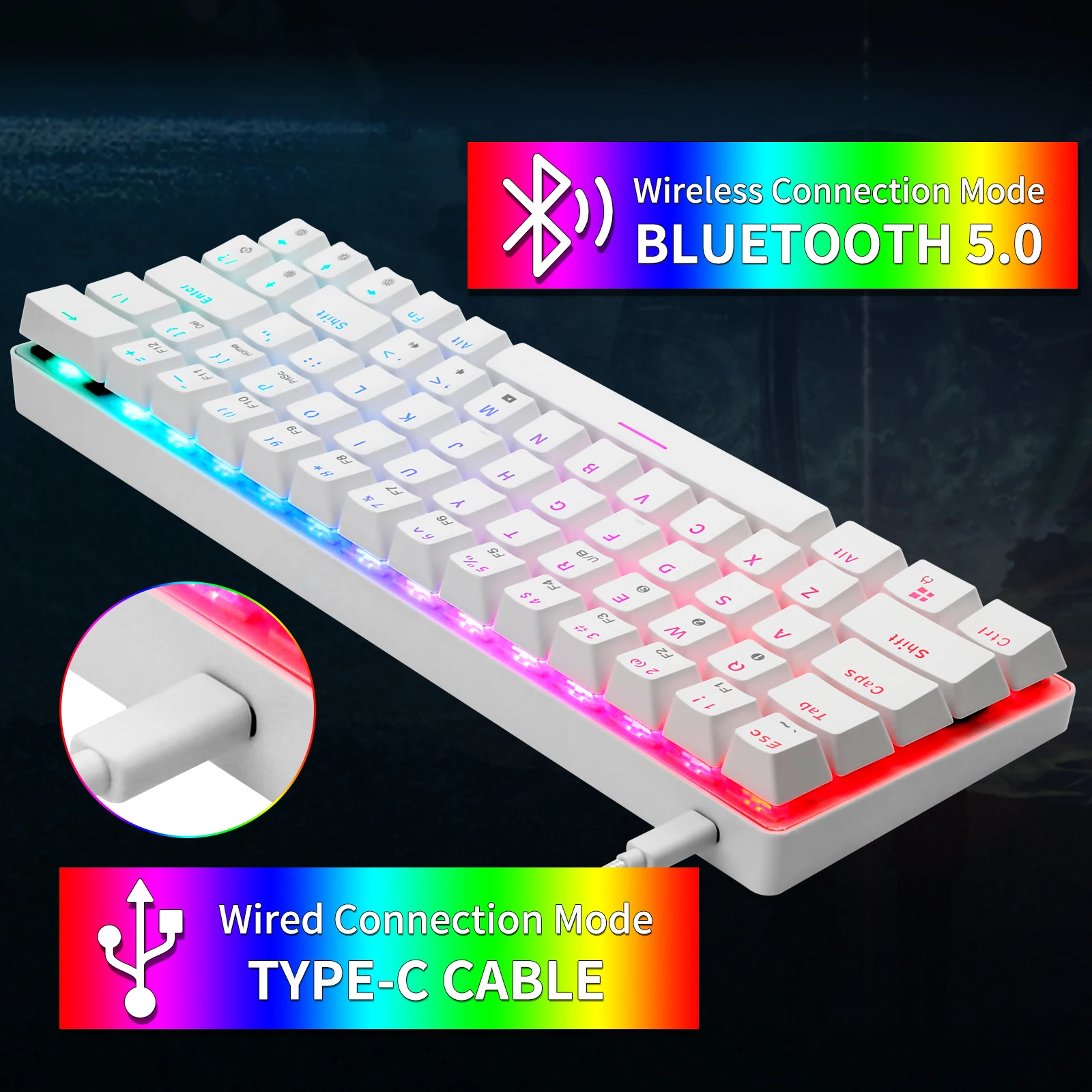 Imagem -04 - Huo ji Cq63 Rgb Teclado de Jogos Mecânico sem Fio Bluetooth 5.0 Teclado com Fio 63 Teclas para pc Tablet Portátil Telefone Celular Branco