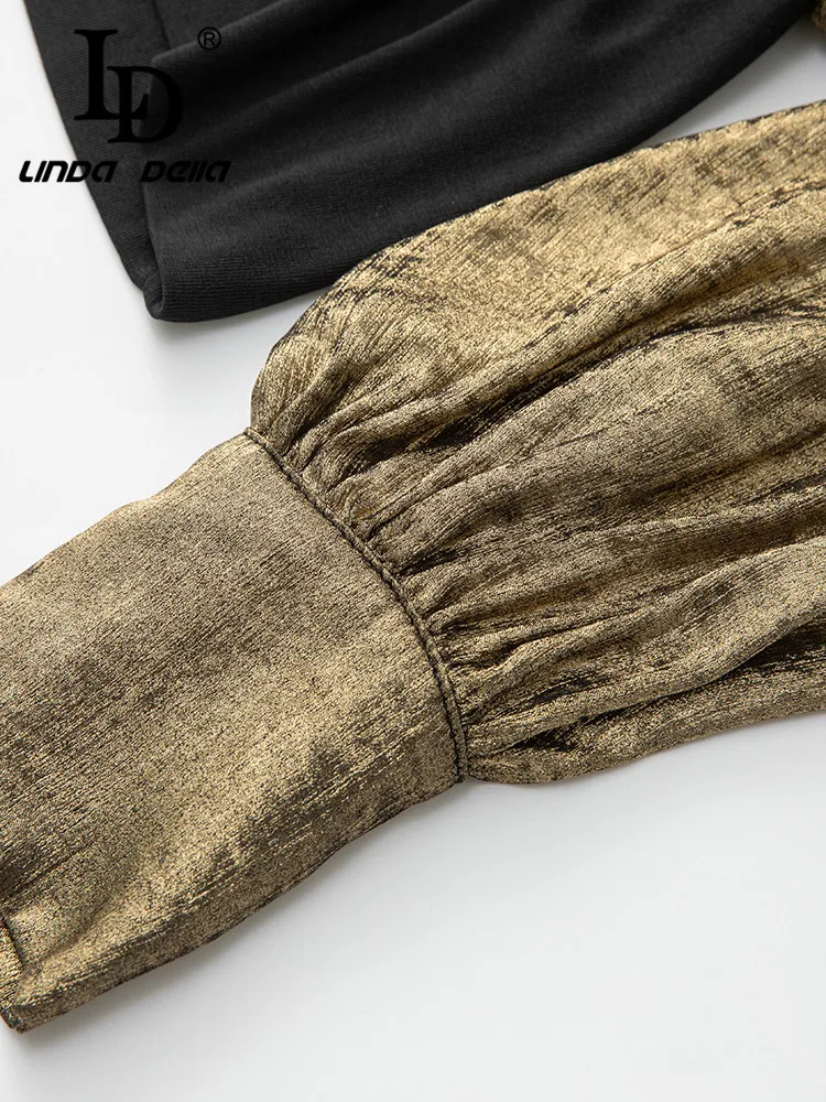 LD LINDA DELLA Autumn Winter korean Fashion Trousers Set Women Golden Splice Sweater Top+Button Straight Trouser 2 Pieces Set