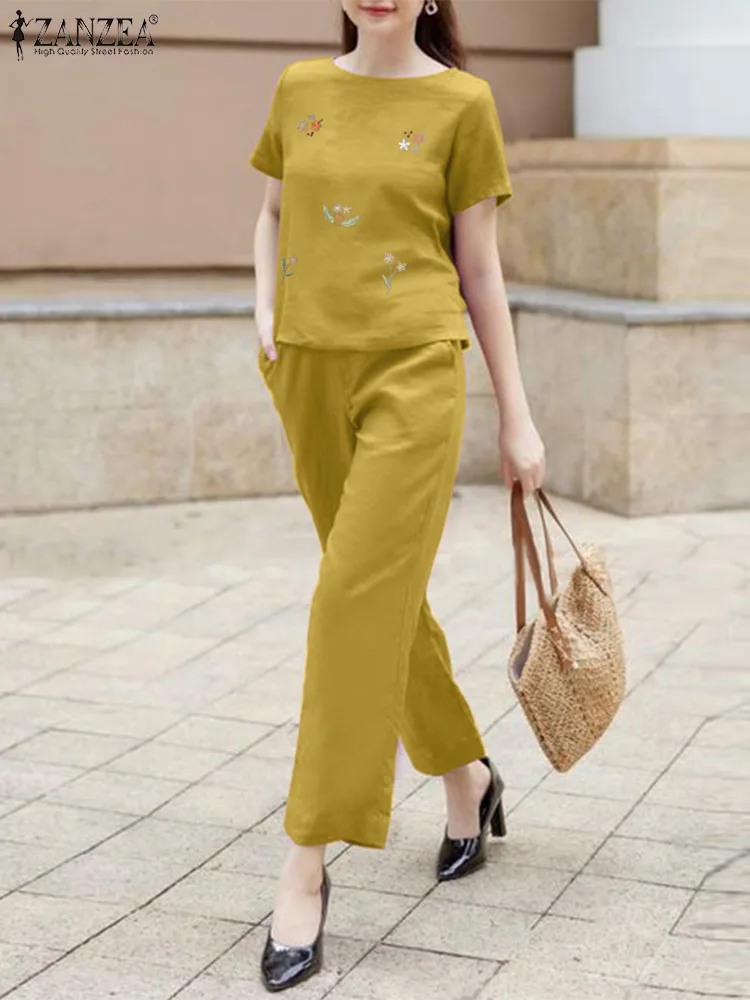 

ZANZEA Holiday Embroidery Tops 2pcs Outfits Casual Daily Elastic Waist Trouser Women Tracksuits Commute 2024 Summer Pant Sets