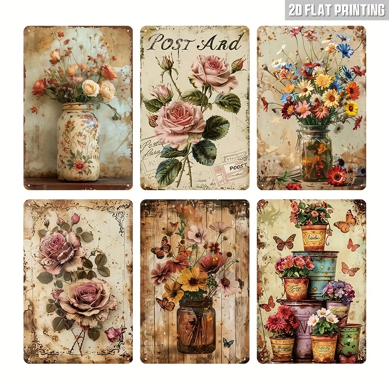 Jitensemble of 6 Flat 2D Vintage Floral Art Posters And Prints, Metal Sign, Ideal for Living Room, Bedroom, Shed, Home Office De