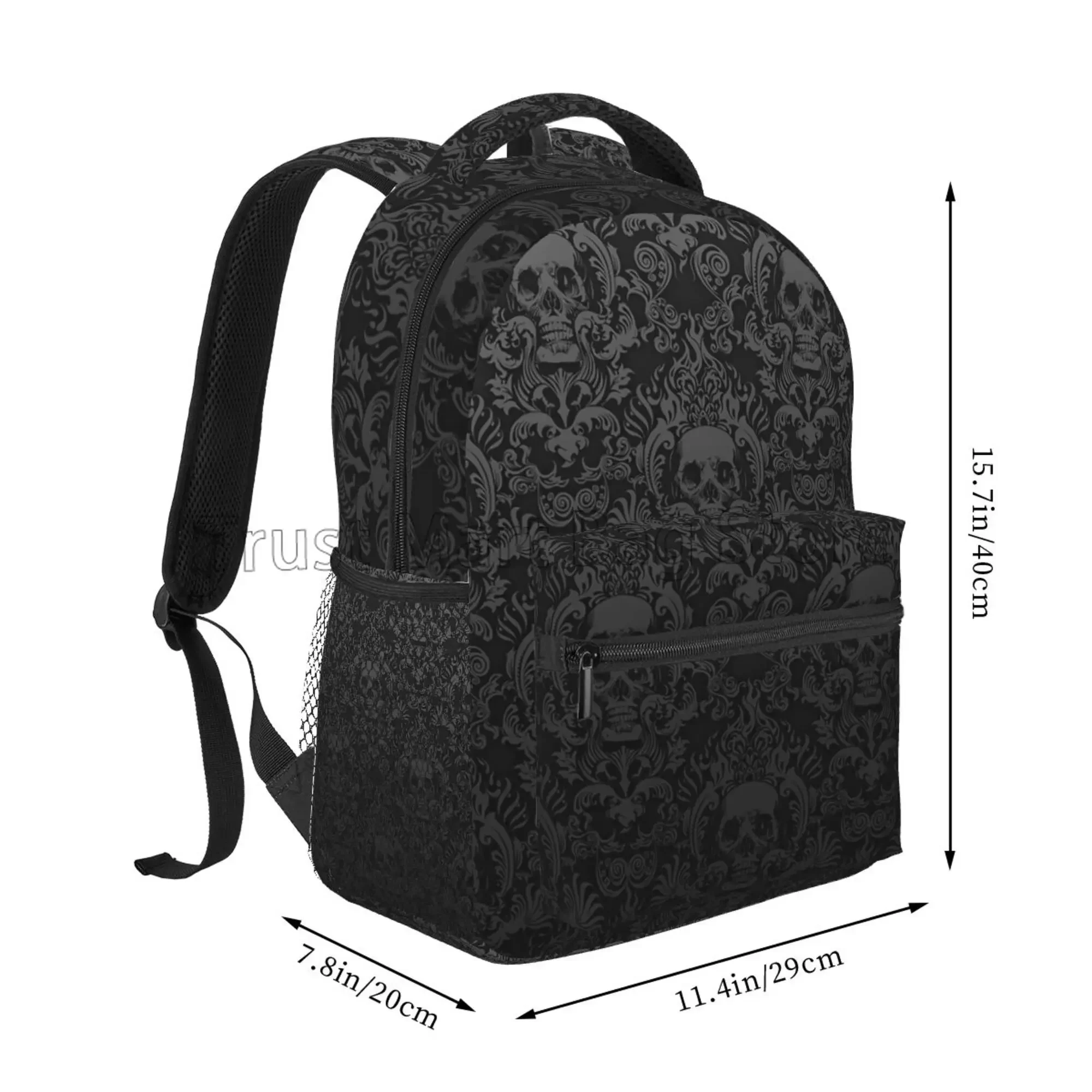 Goth Gothic Black Skull Damask Pattern Backpack Unisex Casual Laptop Backpacks School Bookbag Travel Hiking Camping Daypack