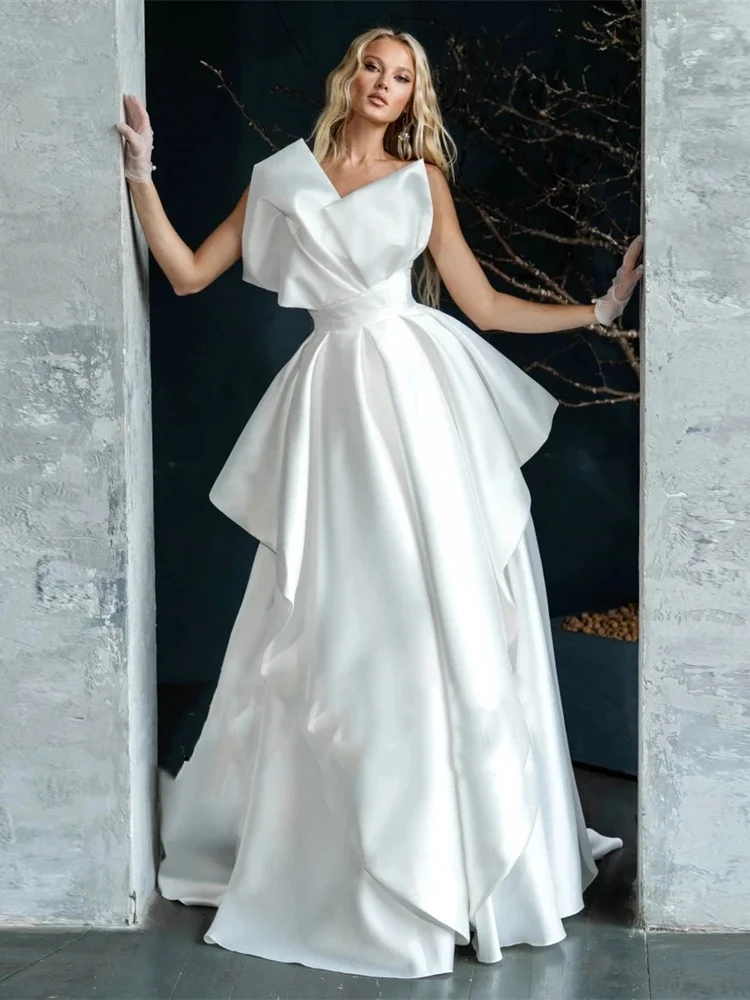 Vestido de casamento de cetim com arco para mulheres, vestidos de noiva, vestes sem mangas, camadas, cetim, luxo, 2024, 2023, 2023