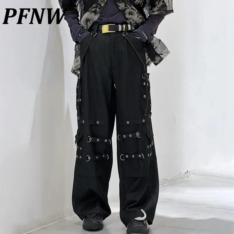 

PFNW Autumn Men's Chic Darkwear Techwear Denim Straight Pants Streetwear Wide Leg Metal Decoration Hip-hop Jeans 2024 21Z1082